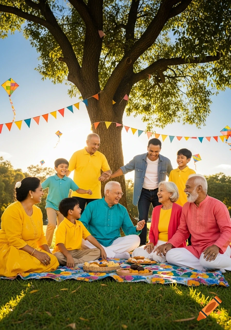 A multi-generational family shares a happy picnic on a colorful blanket under a large tree, adorned with kites and pennants. They are smiling in traditional attire. Photorealistic.