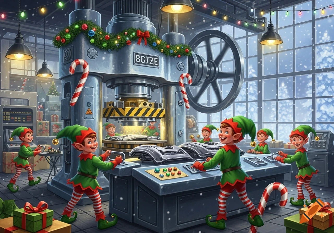 Christmas elves operate a giant industrial press in a festive factory, making car parts with candy canes and garlands, snow visible outside.