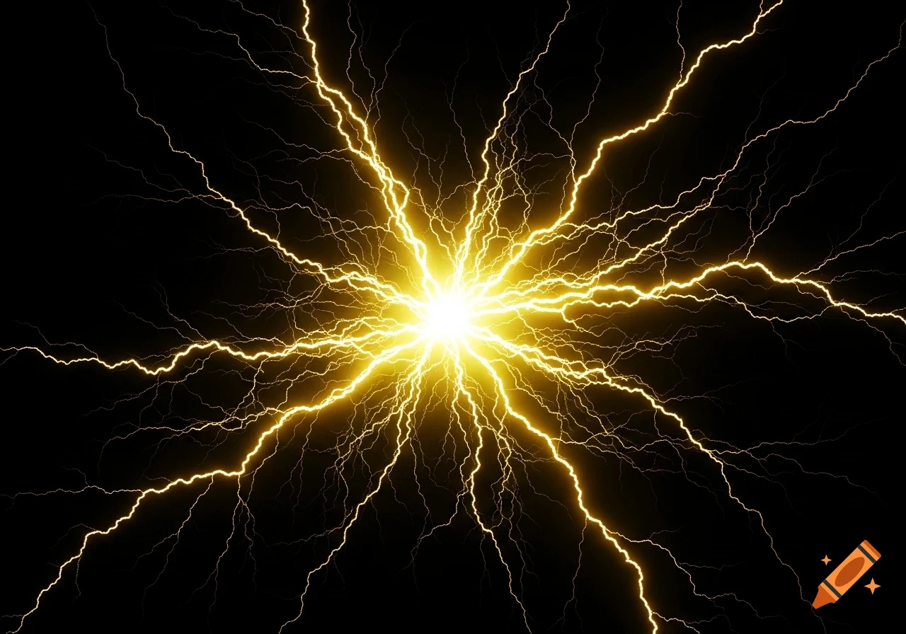 A vibrant yellow lightning explosion radiating outwards from a central bright point against a black background.