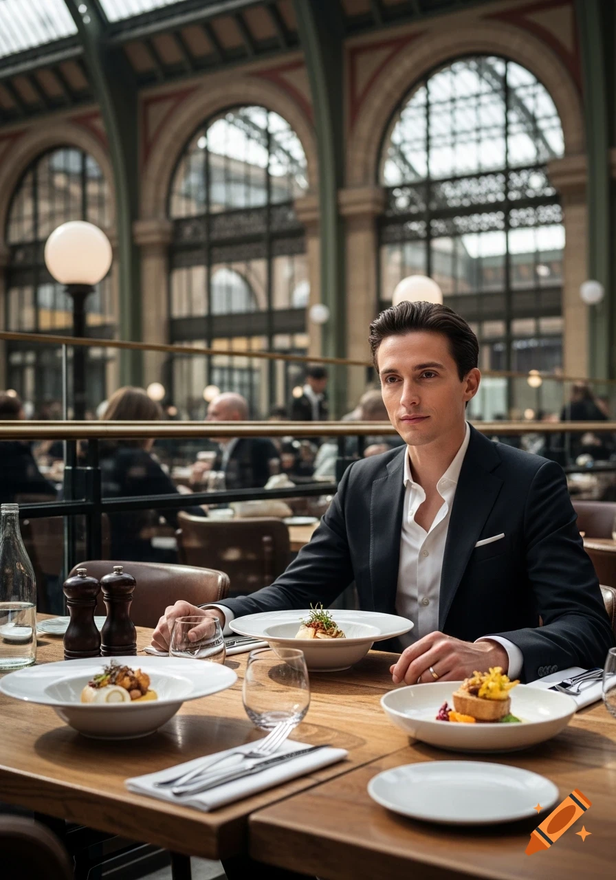 A man in a suit dines in a elegant restaurant with high arched windows and ornate architecture.