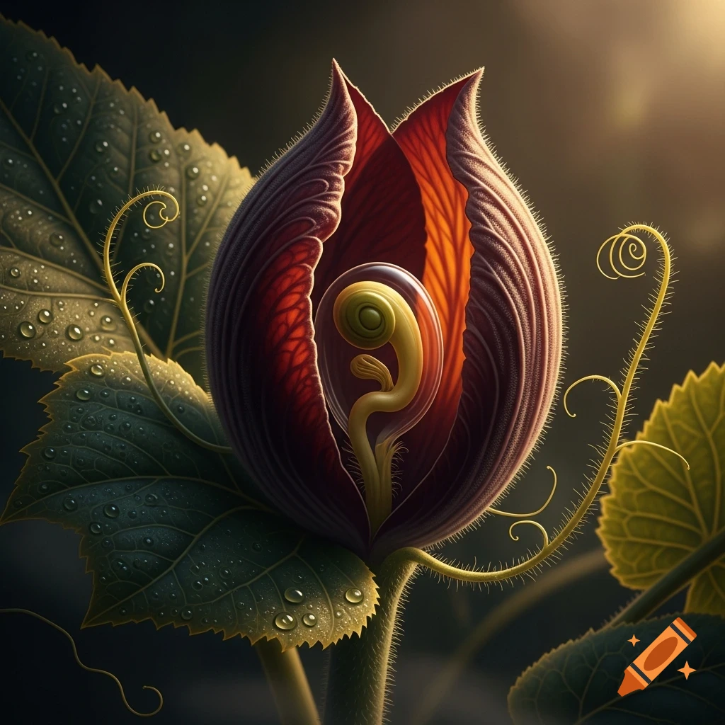 Close-up of a fantastical red plant bud opening to reveal a glowing yellow-green embryo, surrounded by dew-kissed leaves.