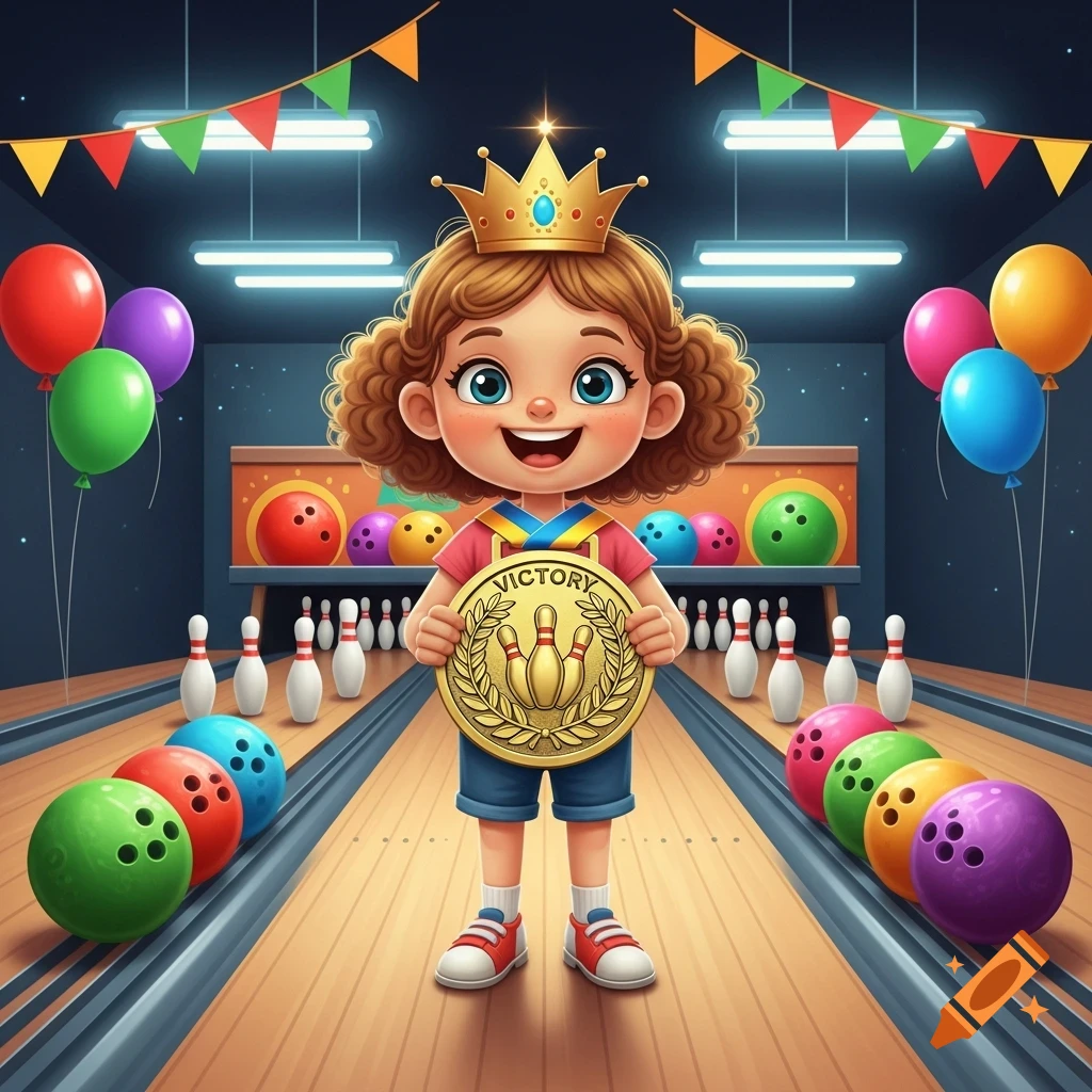 A joyful cartoon girl with a crown and medal stands on a bowling lane, surrounded by pins, colorful balls, and balloons.