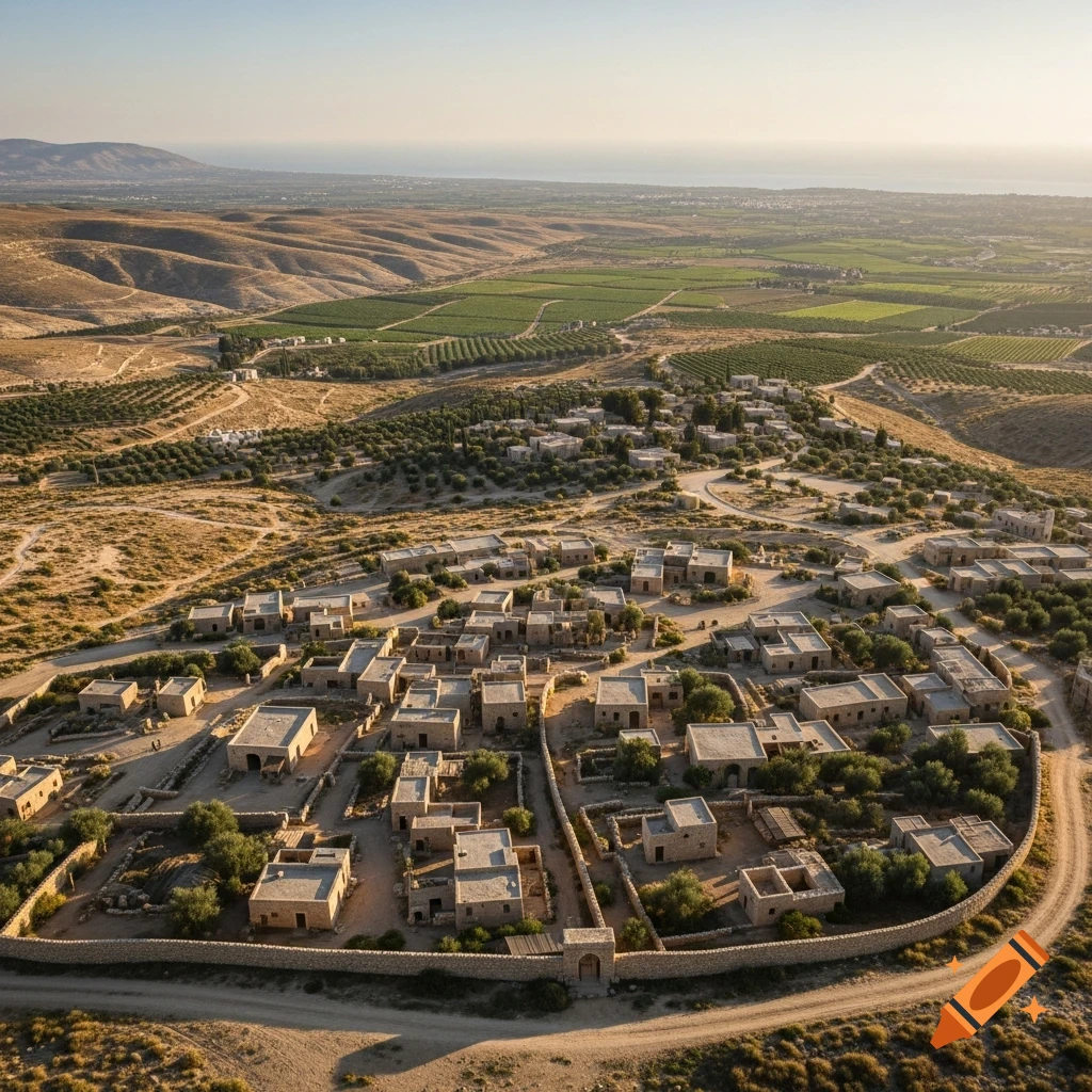 Aerial view of an ancient village with stone buildings in a dry, hilly landscape with green fields and distant sea under a clear sky.