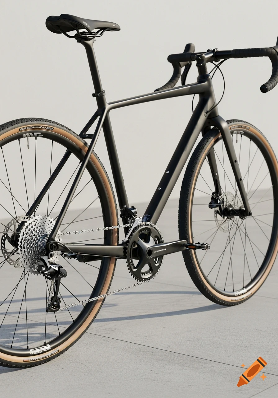A photorealistic close-up of a matte black gravel bike with tan wall tires, a silver cassette, and a silver chainring.