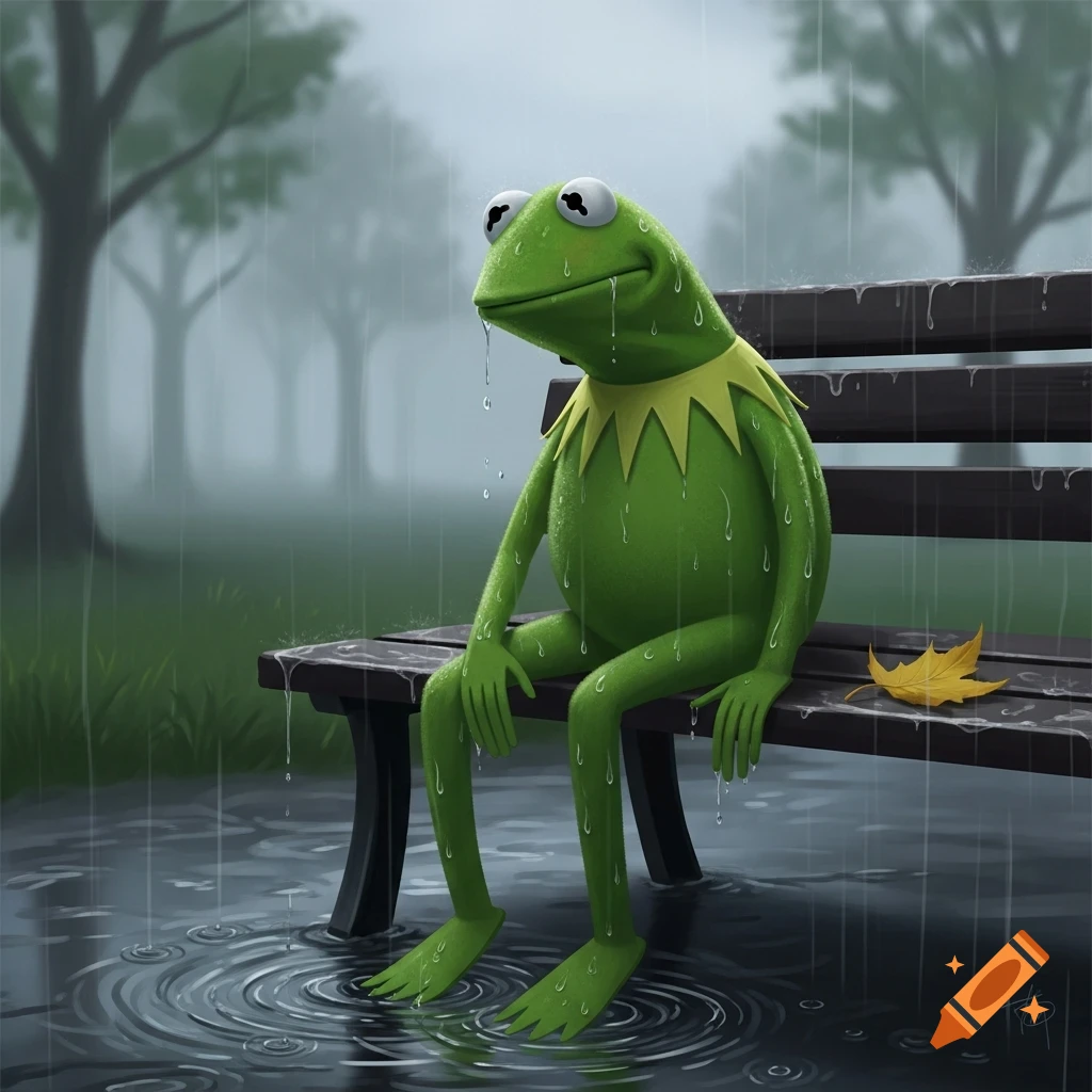 An illustration of sad Kermit the Frog sitting alone on a park bench in the pouring rain, a single yellow leaf beside him.