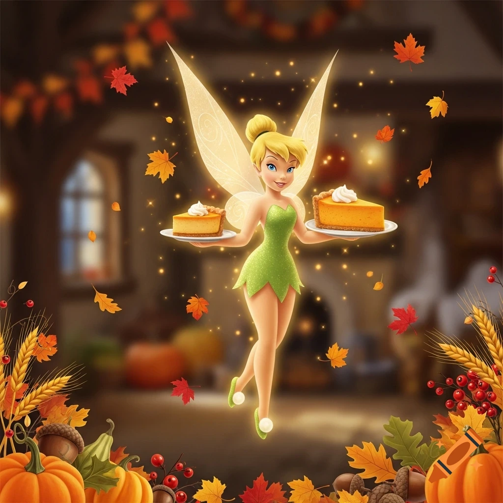 Tinkerbell floats, holding a slice of pumpkin pie in each hand, surrounded by falling autumn leaves, pumpkins, and berries.