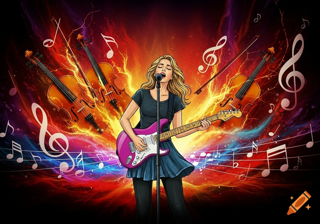 A blonde woman with a purple electric guitar sings into a microphone, surrounded by fiery abstract colors, violins, and musical notes in a pop art style.
