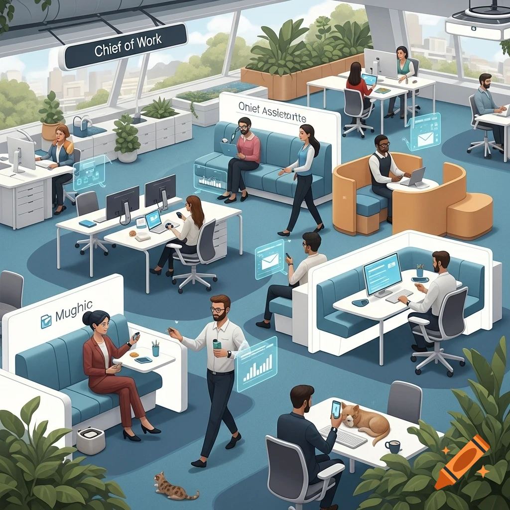 An isometric illustration of a modern, flexible office space with many people working. Some workers sit at desks, others on couches. One sign reads 'Chief of Work'.