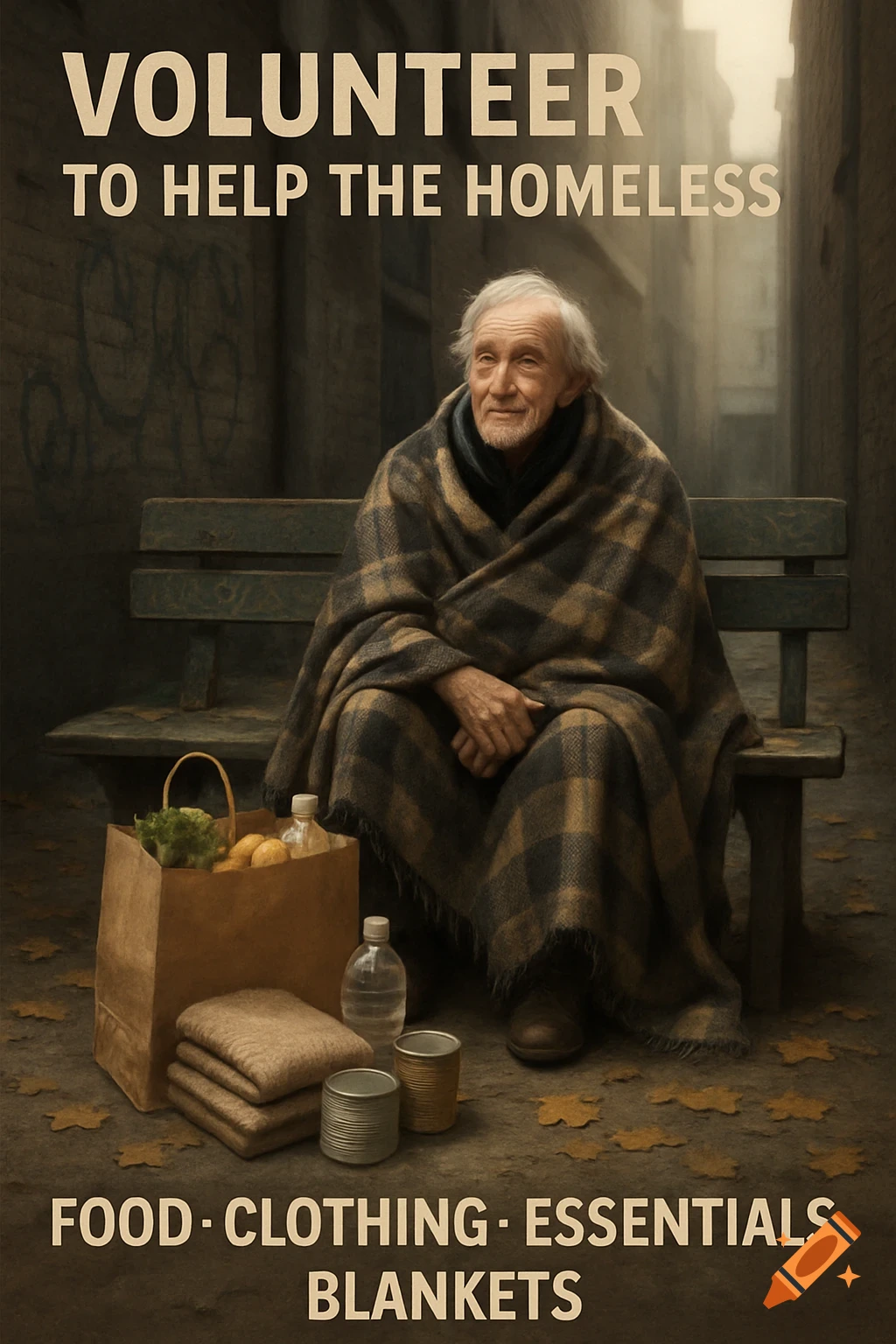 Photorealistic poster of an elderly homeless man on a bench with supplies, encouraging volunteering. Text: 'VOLUNTEER TO HELP THE HOMELESS'.