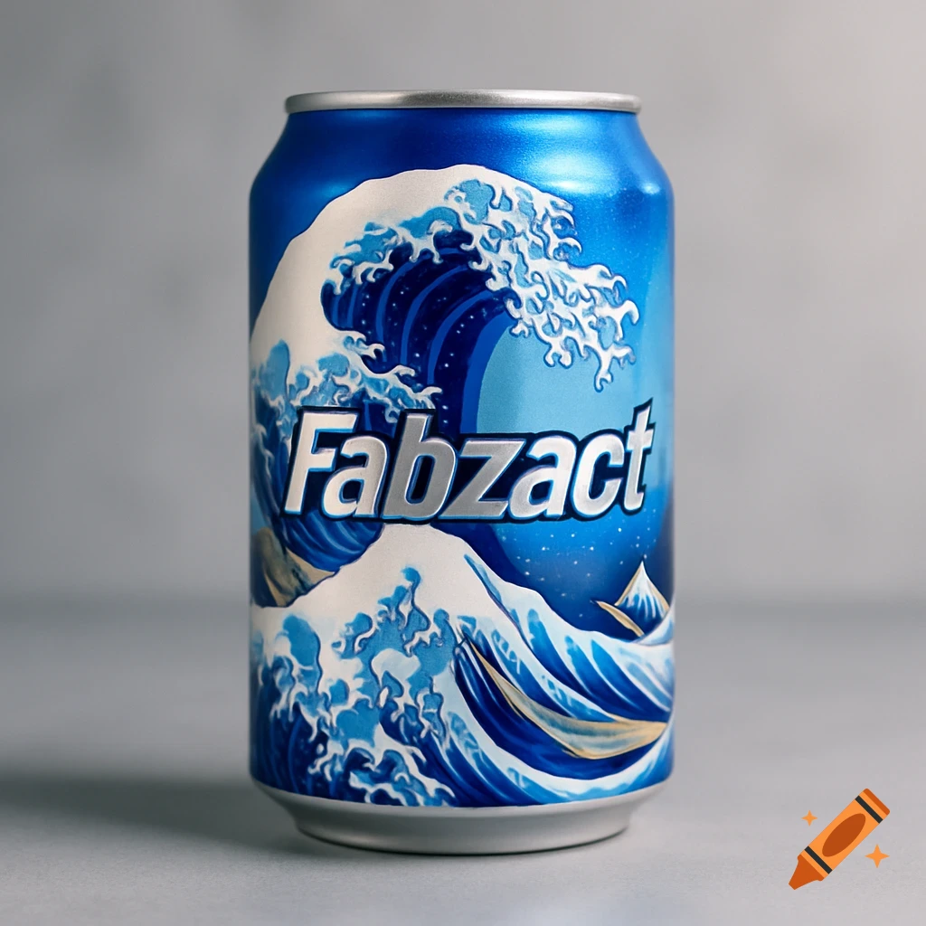 A photorealistic blue soda can with a white and blue 'Great Wave' design and 'Fabzact' text, against a gray background.