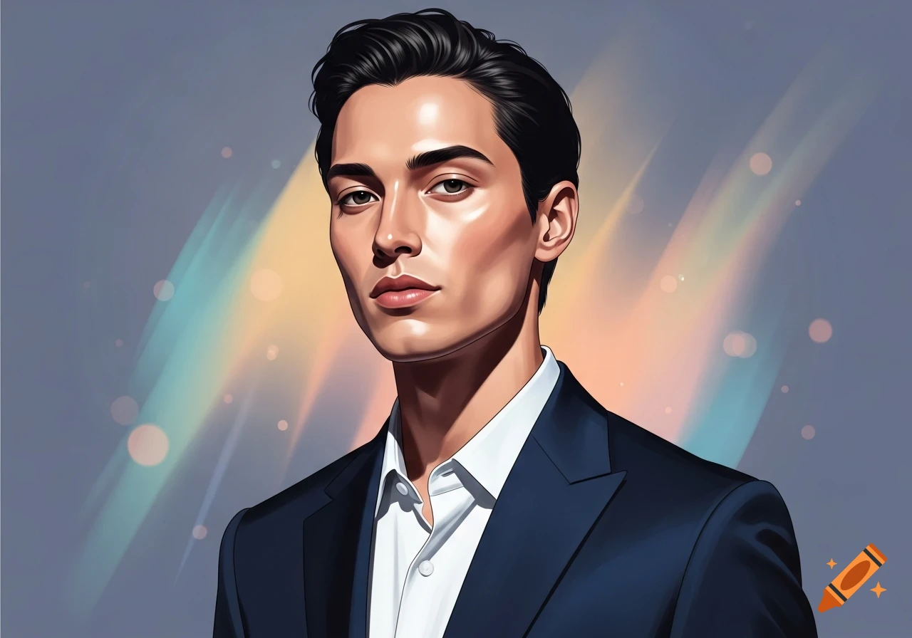 An illustration of a man with dark hair in a suit jacket and white shirt, looking forward with a slight smile against a colorful background.