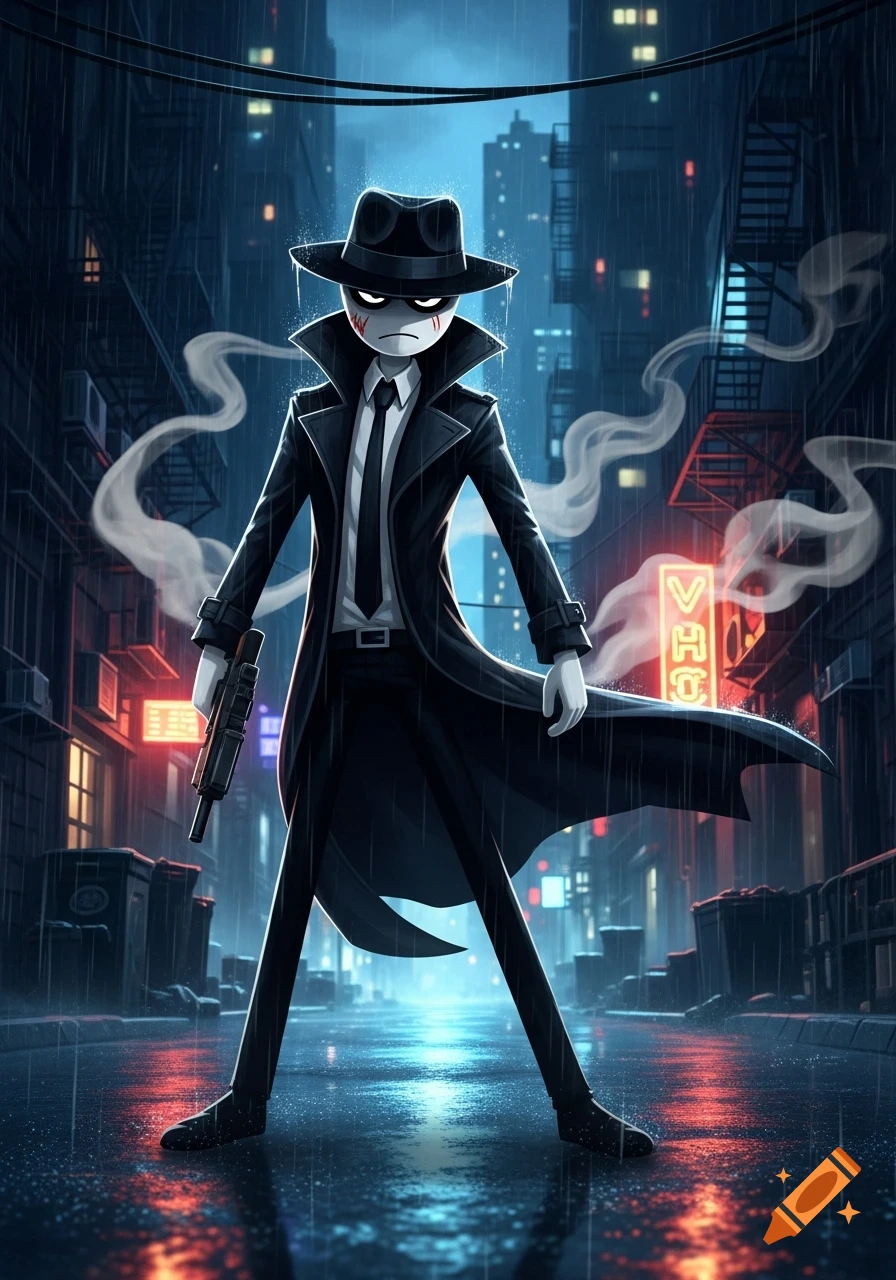 A stylized cartoon character resembling a hitman in a black trench coat and fedora holds a gun on a rainy, neon-lit city street at night.