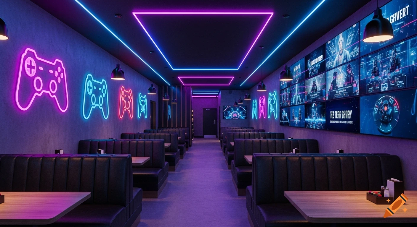 Photorealistic interior of an empty, modern diner-style esports bar with purple and blue neon lights, booths, and gaming screens.