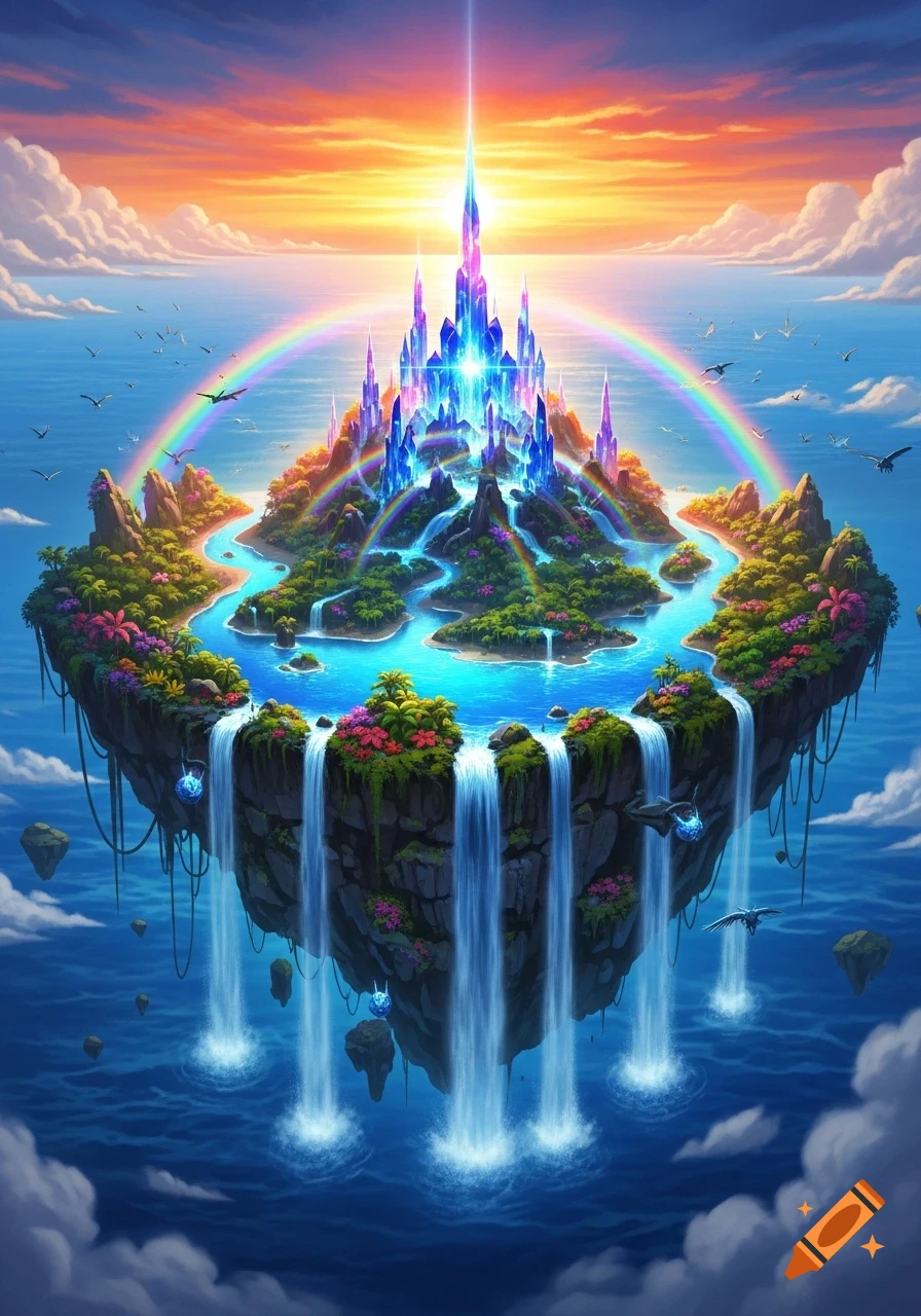 Vibrant fantasy floating island with a glowing crystal castle, rainbows, and waterfalls under a sunset sky.