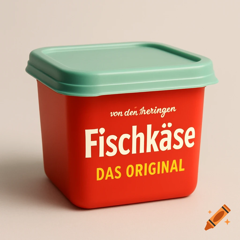Red plastic container with green lid, labeled 'Fischk äse', 'DAS ORIGINAL', and 'von den heringen' in a photorealistic style.