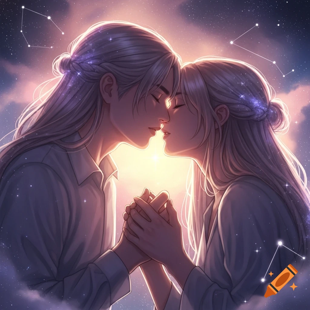 Anime couple with long white hair holding hands, about to kiss under a starry, cloudy night sky with constellations.
