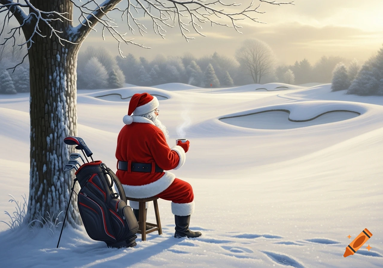 Santa Claus sits on a stool, holding a steaming coffee cup, next to his golf bag on a snowy golf course, looking at the bunkers.