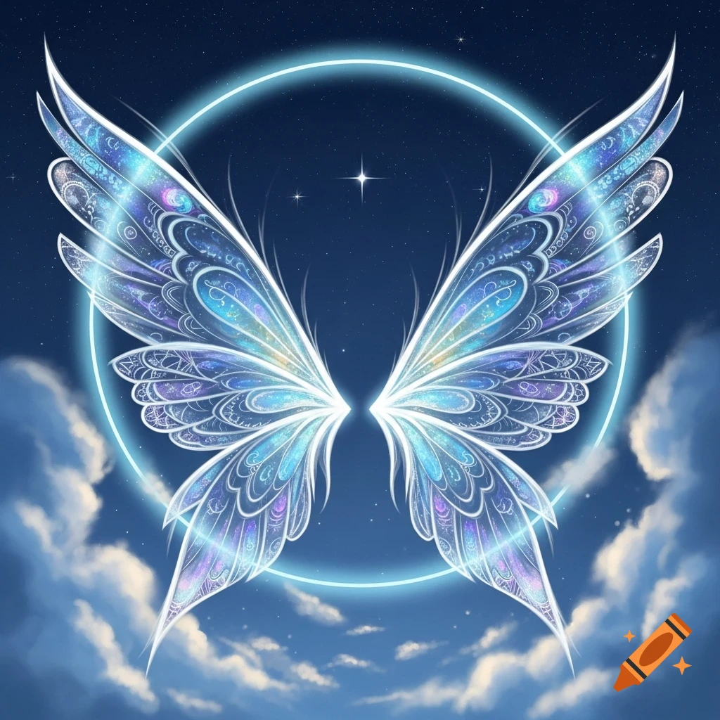 Glowing, ethereal fairy wings with intricate patterns against a starry night sky with clouds.