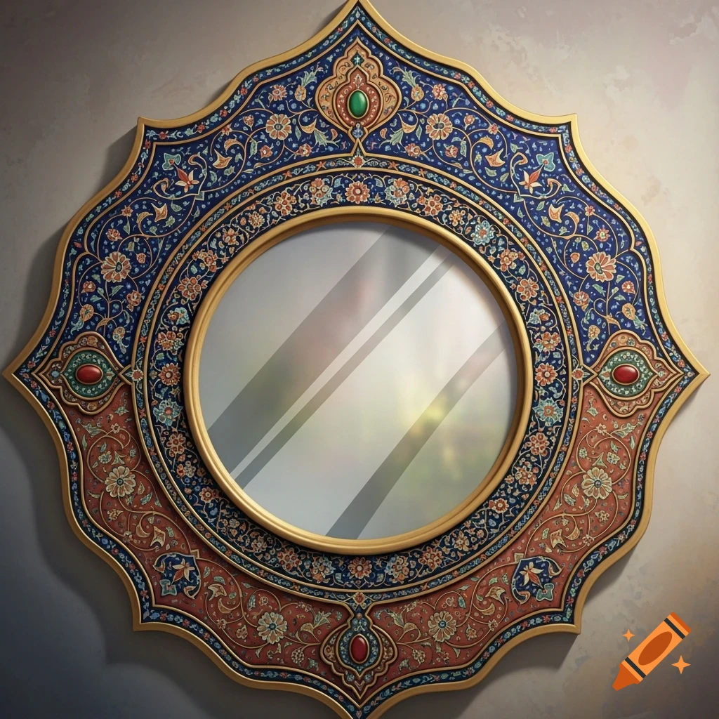 Ornate circular mirror with a gold frame, intricate blue and orange Persian floral patterns, and embedded gems.