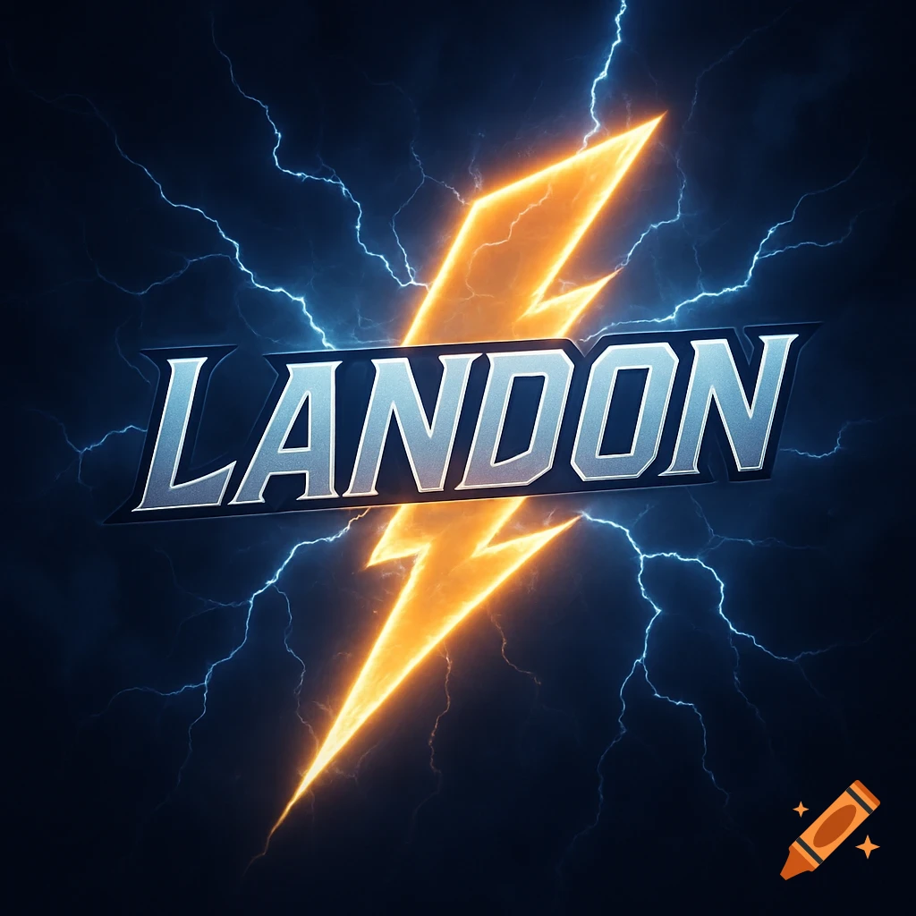 A stylized logo featuring the name LANDON in metallic silver letters, set against a glowing orange lightning bolt and surrounded by blue electrical crackles on a dark background.
