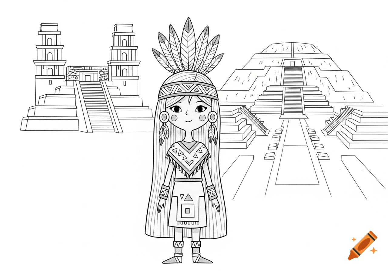 Black and white cartoon of a girl in traditional Indigenous attire with feathers, standing in front of two ancient Aztec-style temples.