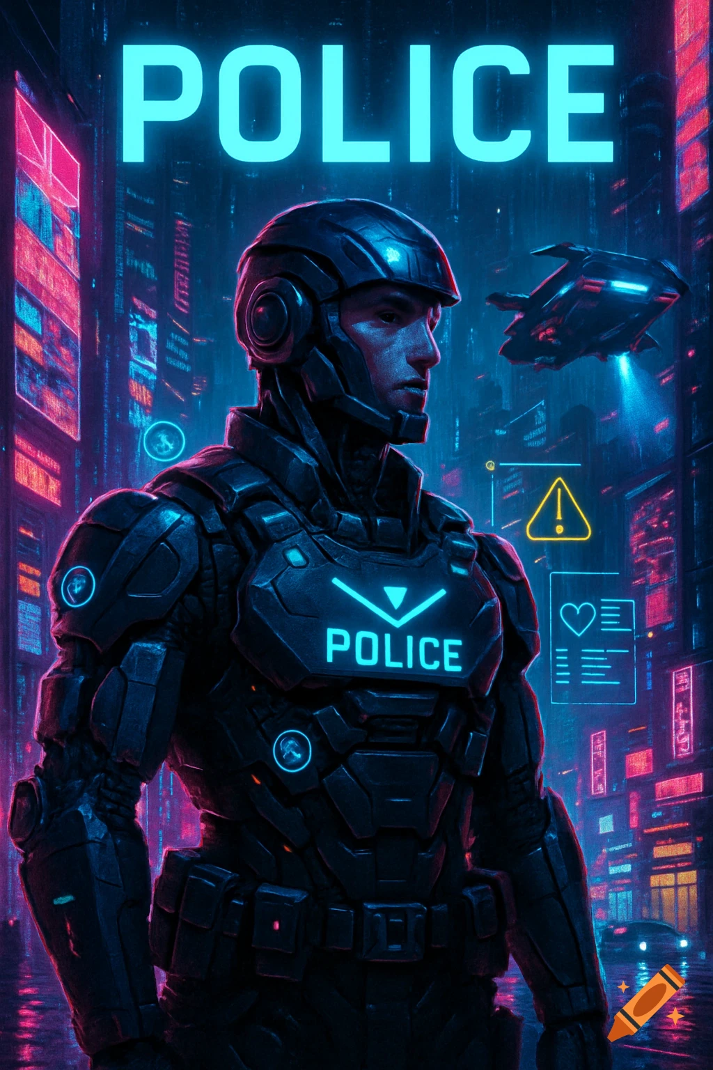 Cyberpunk police officer in glowing armor stands in a neon-lit futuristic city with a flying vehicle, text 'POLICE' above.
