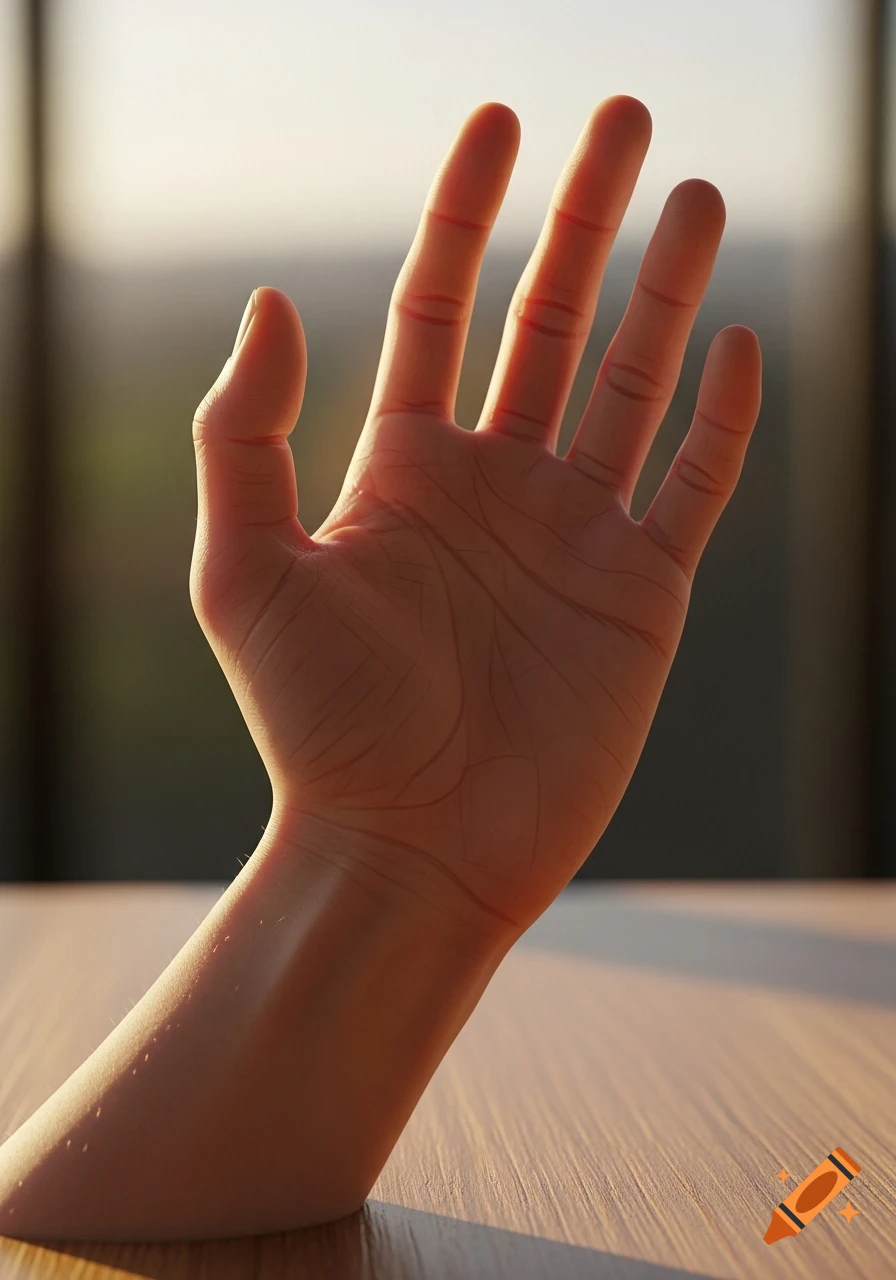 A human hand with its palm open, illuminated by warm sunlight, resting on a wooden surface.