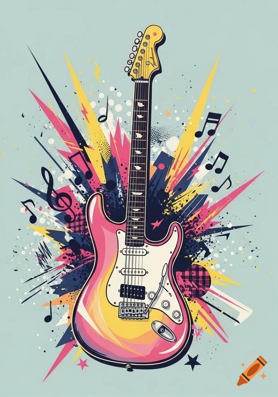 Vibrant pop art electric guitar in pink, yellow, and white with musical notes and abstract colorful explosion on a light blue background.