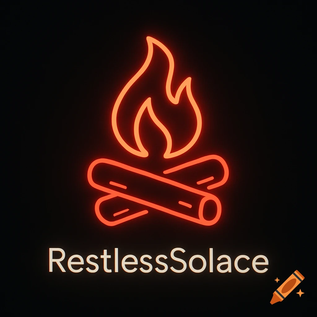 Neon red and orange campfire icon with logs and flames, above the white text "RestlessSolace" on a black background.