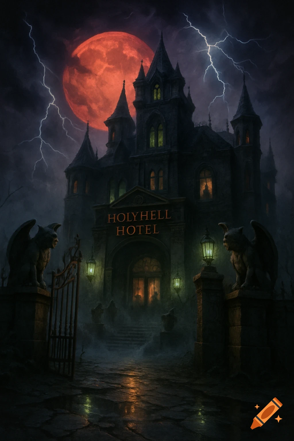 A dark, spooky gothic hotel with a Holyhell Hotel sign, gargoyles, under a blood-red moon and lightning.