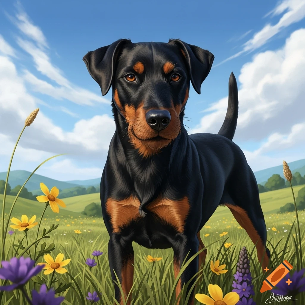 Black and tan Jagdterrier dog standing in a field of wildflowers under a blue sky, realistic digital art.