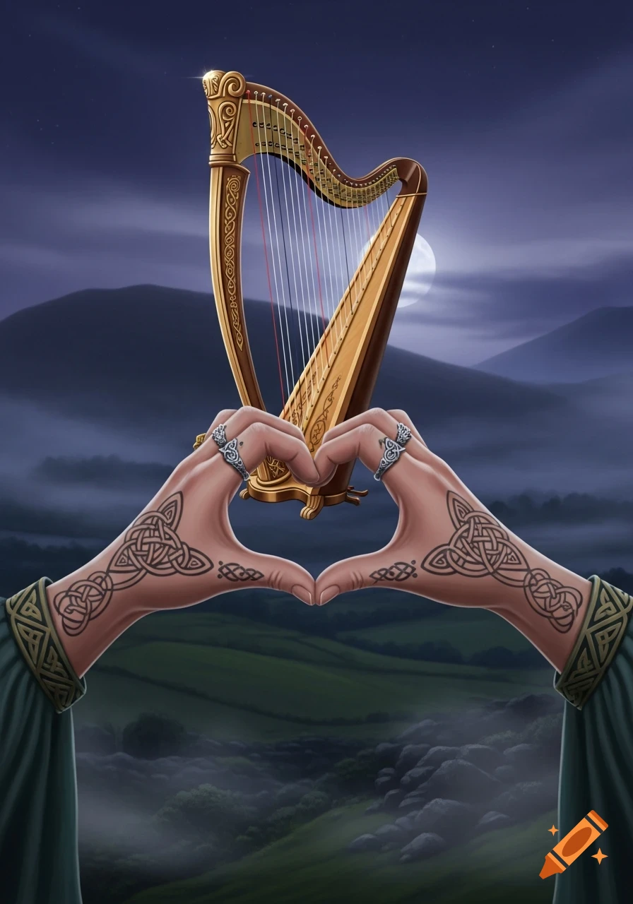 Two hands with Celtic knot tattoos form a heart shape around a golden harp, set against a moonlit, misty mountain landscape.