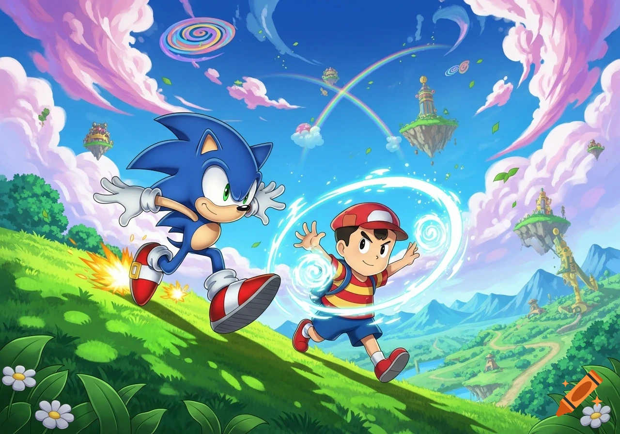 Sonic the Hedgehog and Ness running down a grassy hill in a vibrant, fantastical cartoon landscape with floating islands and rainbows.