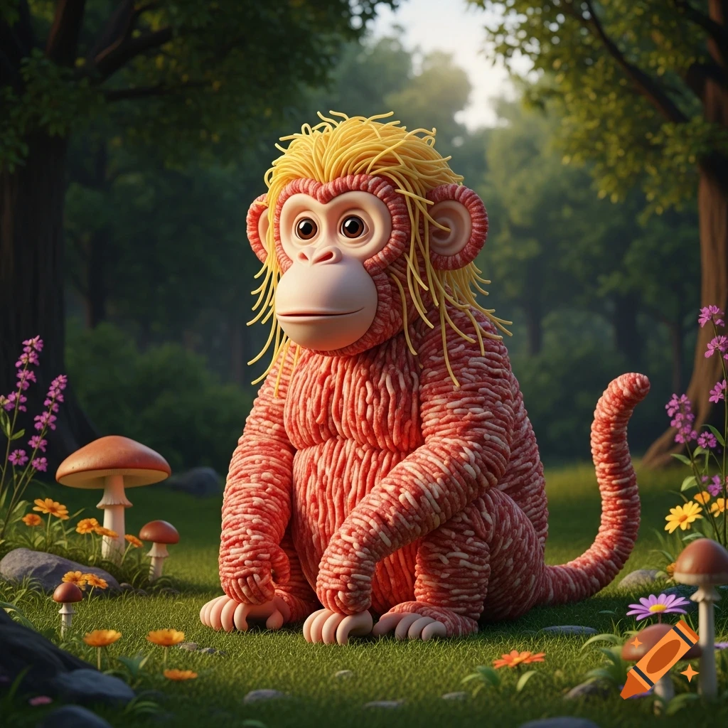 A monkey-like creature made of ground beef with yellow spaghetti for hair, sits in a lush green forest with mushrooms and flowers.