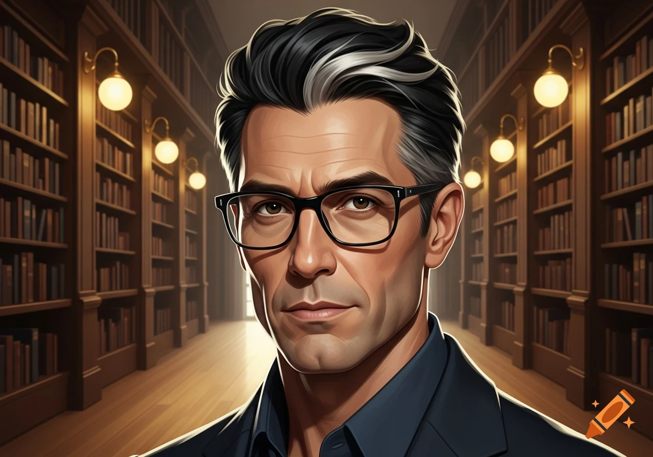 Digital painting of a man with dark hair with a white streak, wearing glasses, in a library with illuminated bookshelves.