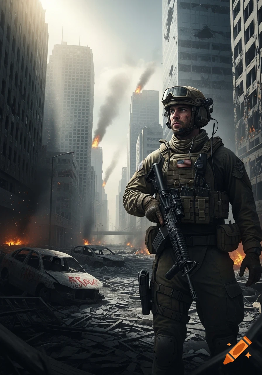 A soldier stands holding a rifle in a destroyed city street, with burning buildings and wrecked cars under a smoky sky.