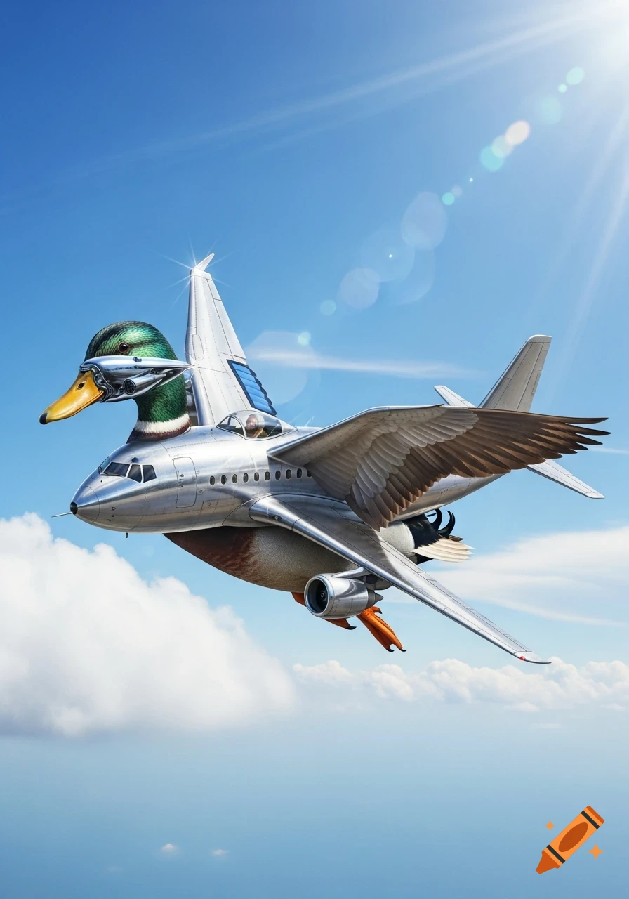 A surreal hybrid creature, a duck fused with a silver airplane, flies through a bright blue sky with scattered clouds.