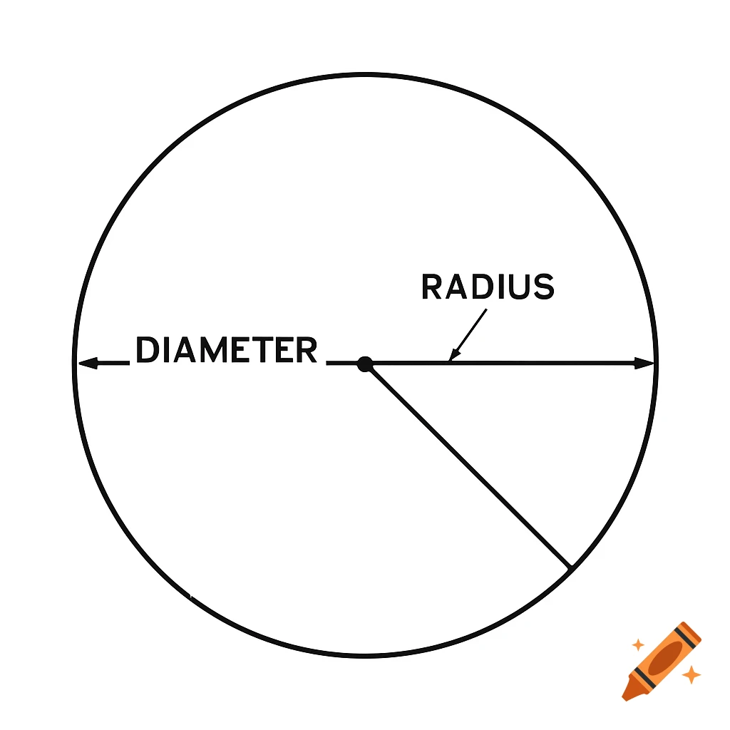 A black and white diagram of a circle with a horizontal line labeled 'DIAMETER' and a line from the center to the edge labeled 'RADIUS'.