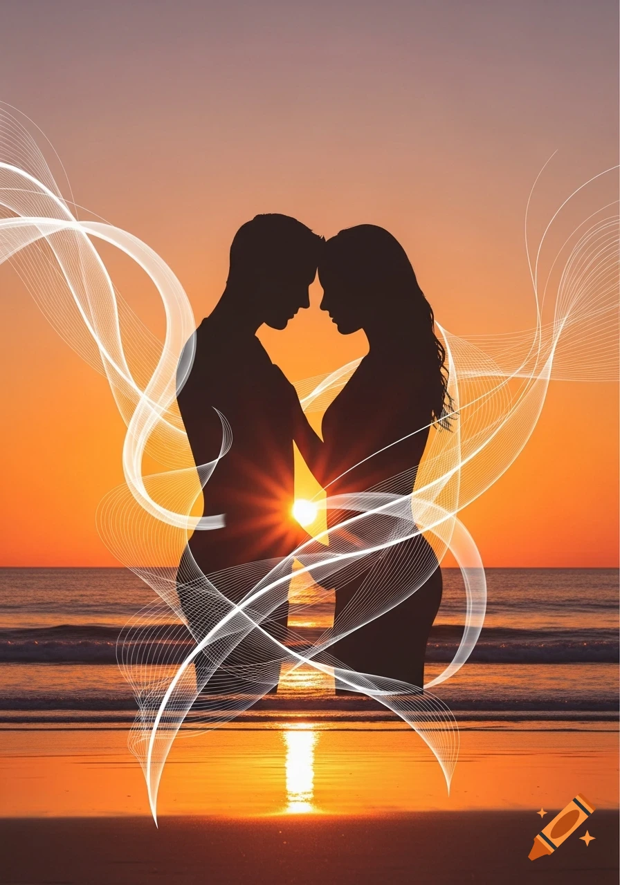 Silhouettes of a couple embracing against a sunset over the ocean, with abstract white lines.
