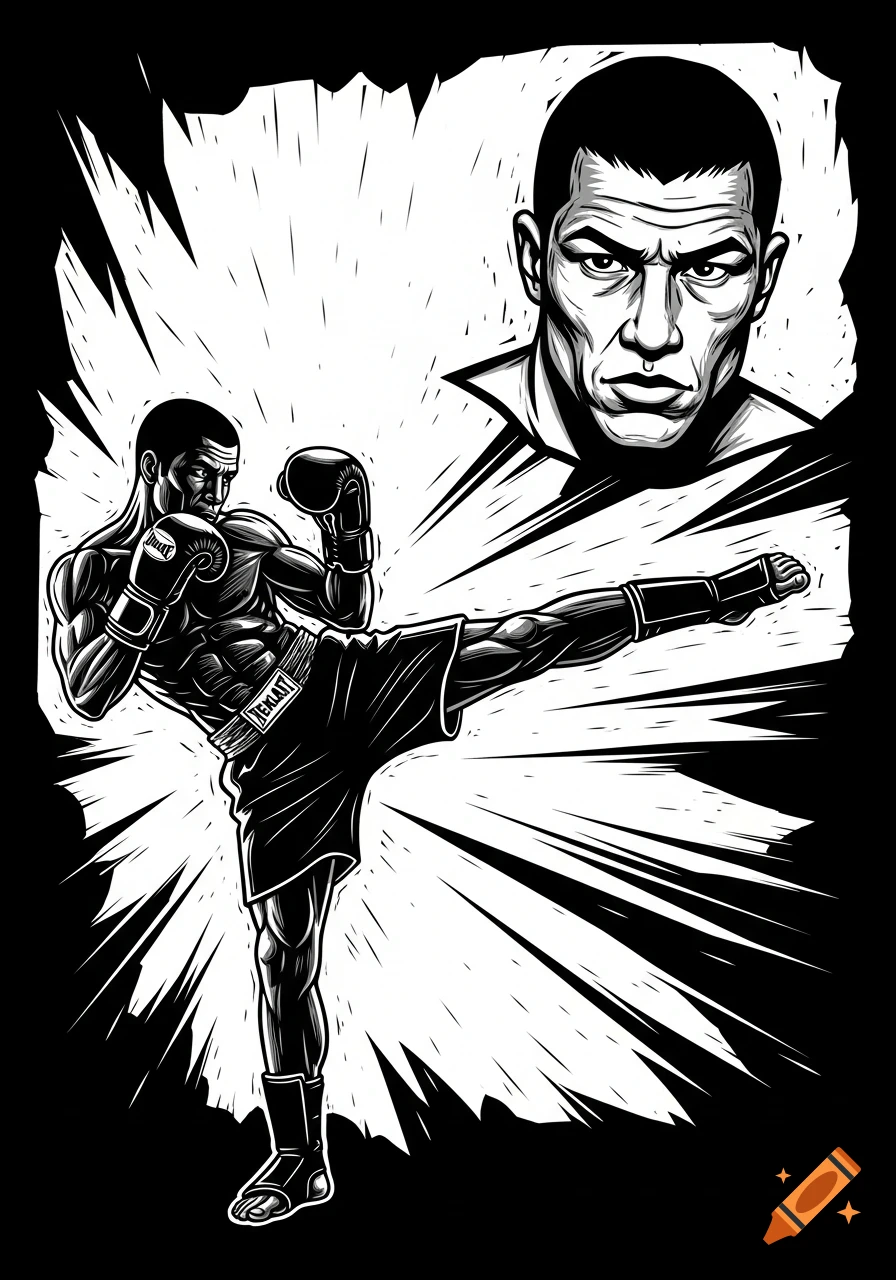 A black and white linocut style illustration of a kickboxer performing a high kick, with an angry portrait of his face in the upper right.