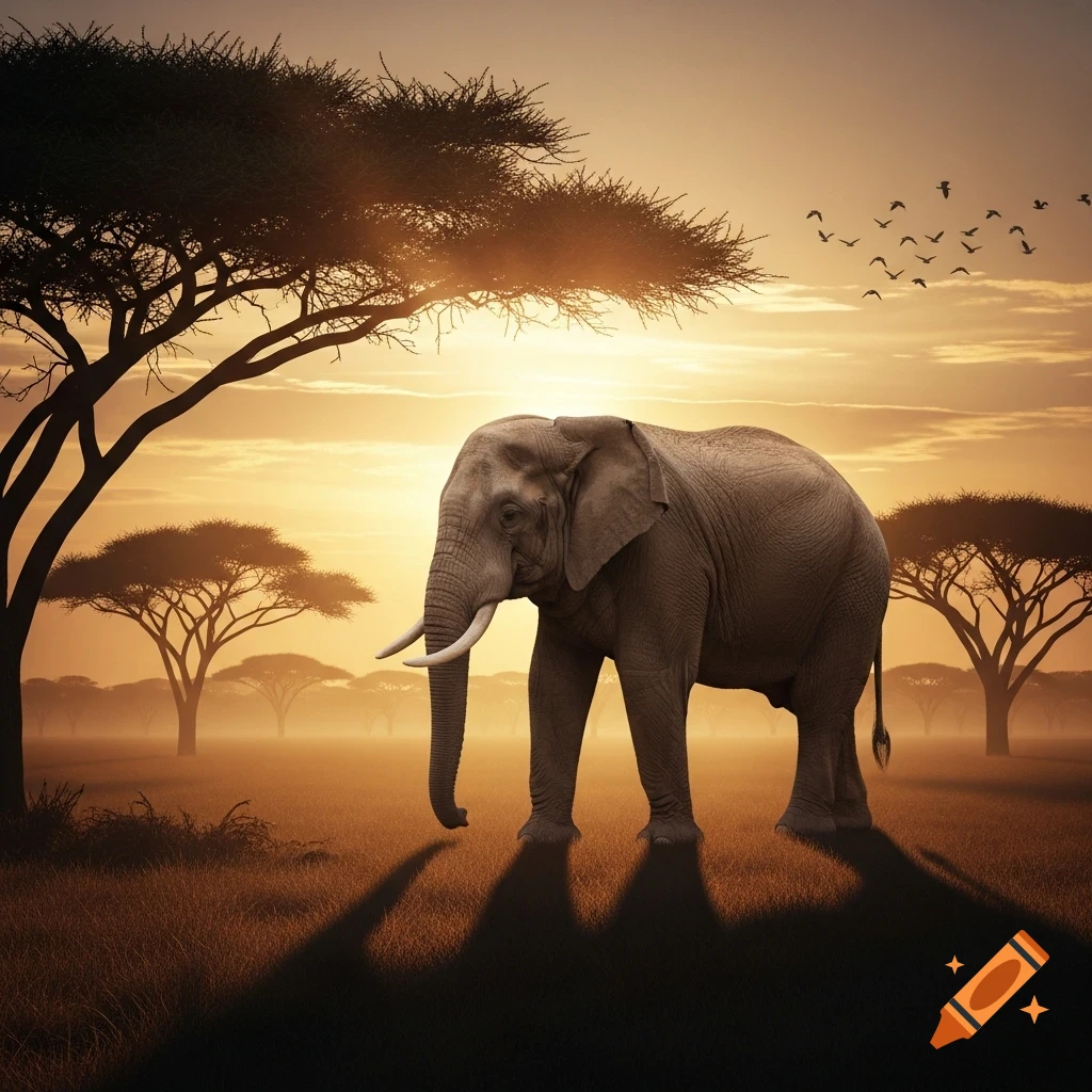 An elephant stands in a misty golden savanna at sunset, with silhouetted acacia trees and birds flying.