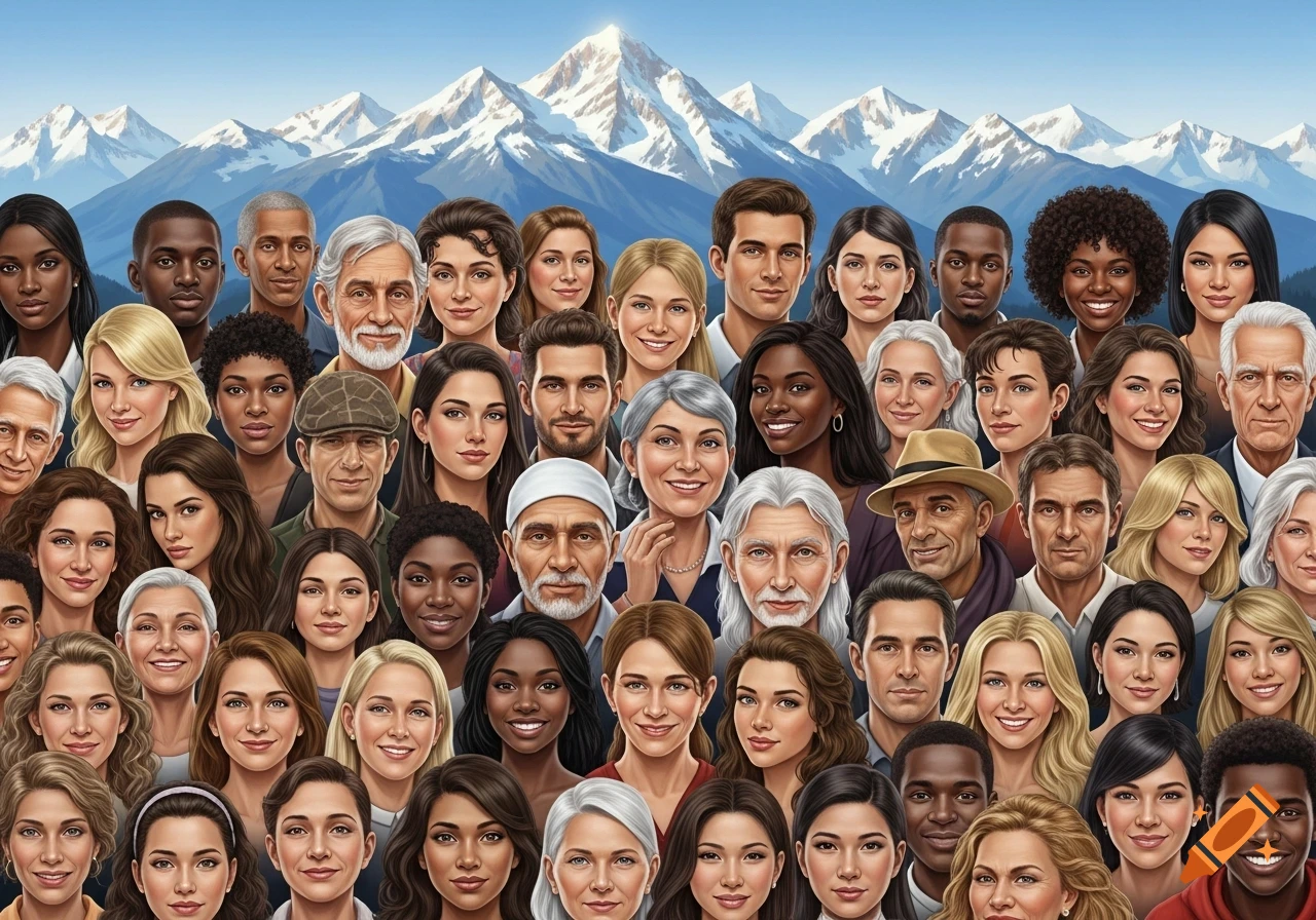 A diverse collage of many faces of people of different ages, genders, and ethnicities, set against a backdrop of snow-capped mountains under a blue sky, in an illustrative style.