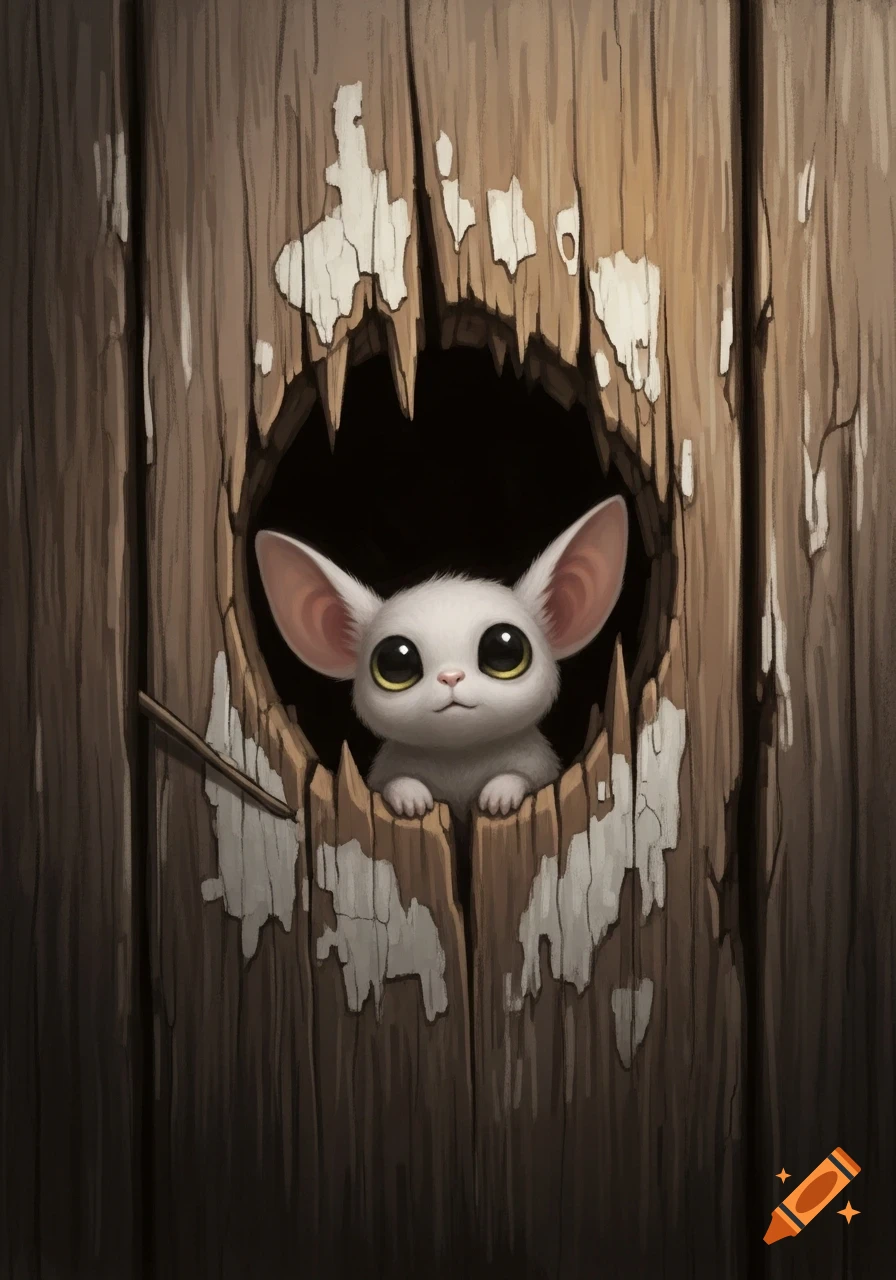 A cute white creature with big ears and large dark eyes peeks from an irregularly shaped hole in a weathered wooden wall.