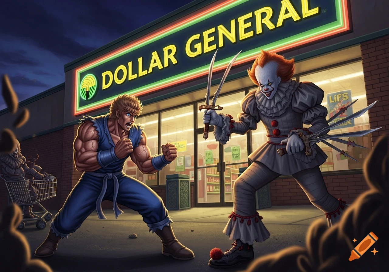 Kenshiro from Fist of the North Star battles Pennywise the clown from IT in front of a Dollar General store at night, in a comic book art style.