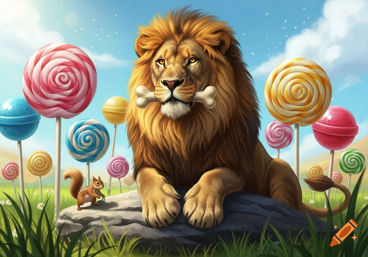 A majestic lion holding a bone, lying on a rock in a whimsical field with colorful giant lollipops and a squirrel.