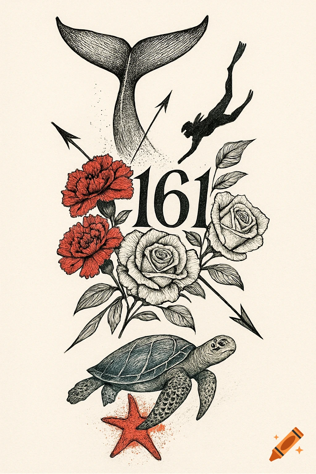 Intricate tattoo design featuring a whale tail, diver, red carnations, white roses, arrows, the number 161, a sea turtle, and a red starfish.