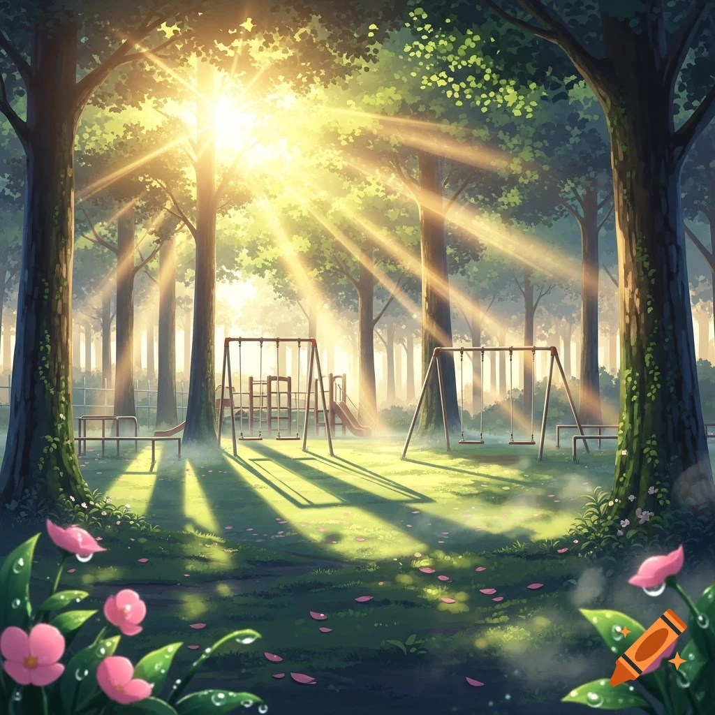 An anime-style forest playground bathed in golden sunrise light, with sunbeams piercing through tall trees and lush green grass.