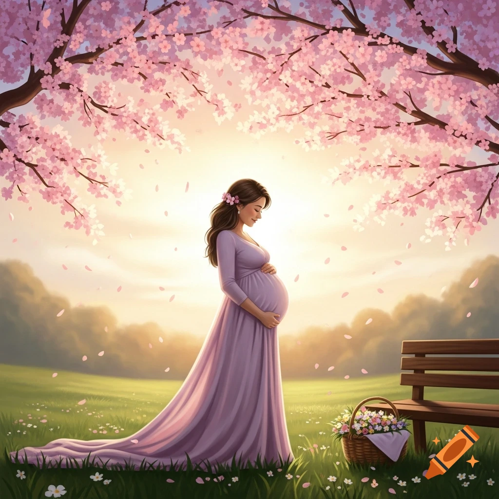 A pregnant woman in a flowing lavender dress stands in a field of wildflowers under pink cherry blossom trees at sunset, holding her belly.