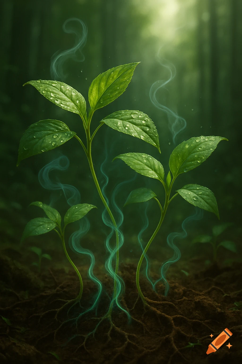 Young green plants with water droplets on their leaves grow from dark soil with glowing, swirling turquoise roots or smoke, against a blurry forest background.