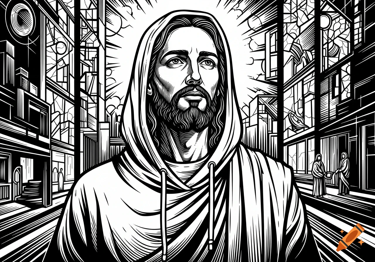 Black and white linocut illustration of Jesus in a hoodie, looking around in an urban setting.